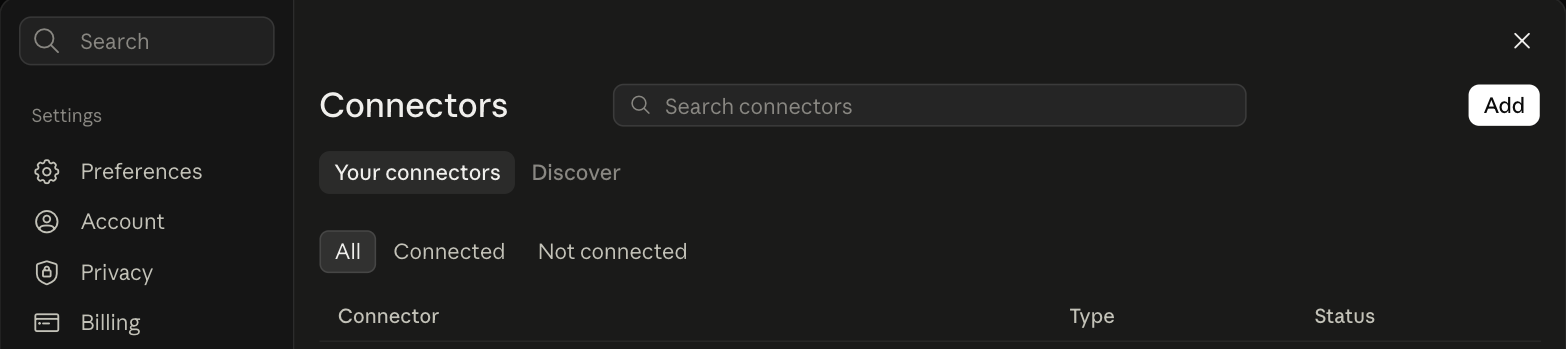 Connectors page in claude.ai with the Add button in the top right