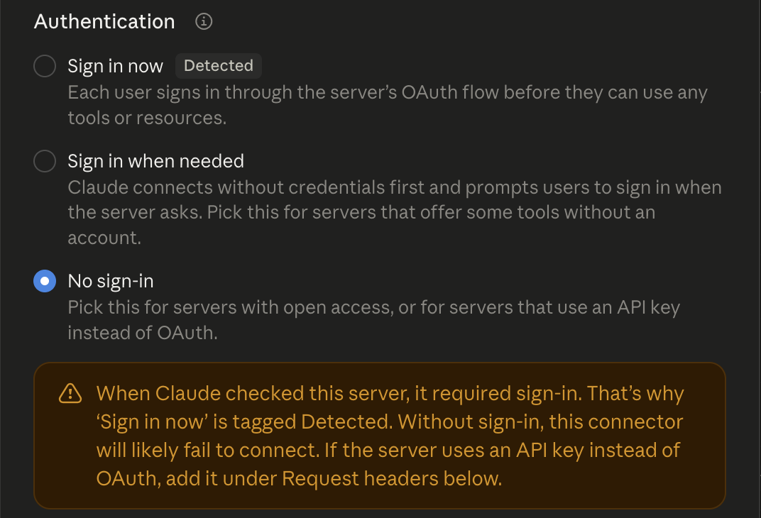 Authentication radio buttons with No sign-in selected and the orange warning below it