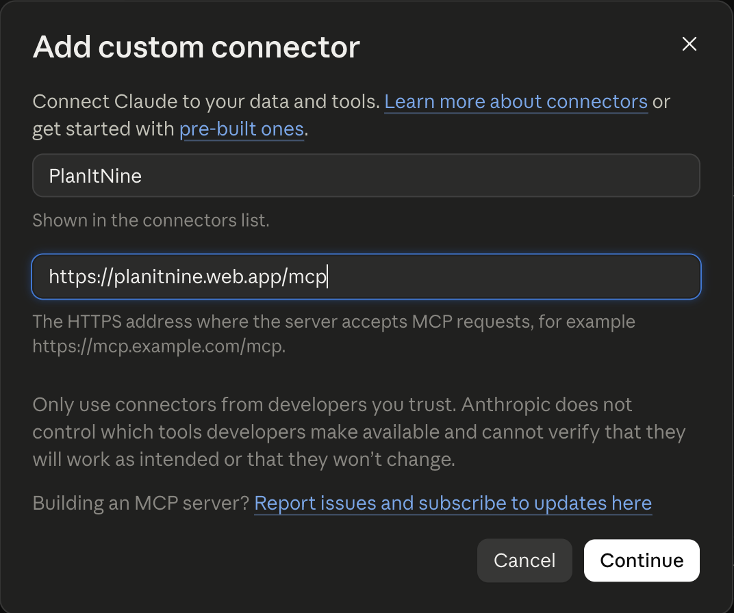 Add custom connector dialog with the name PlanItNine and the server URL filled in