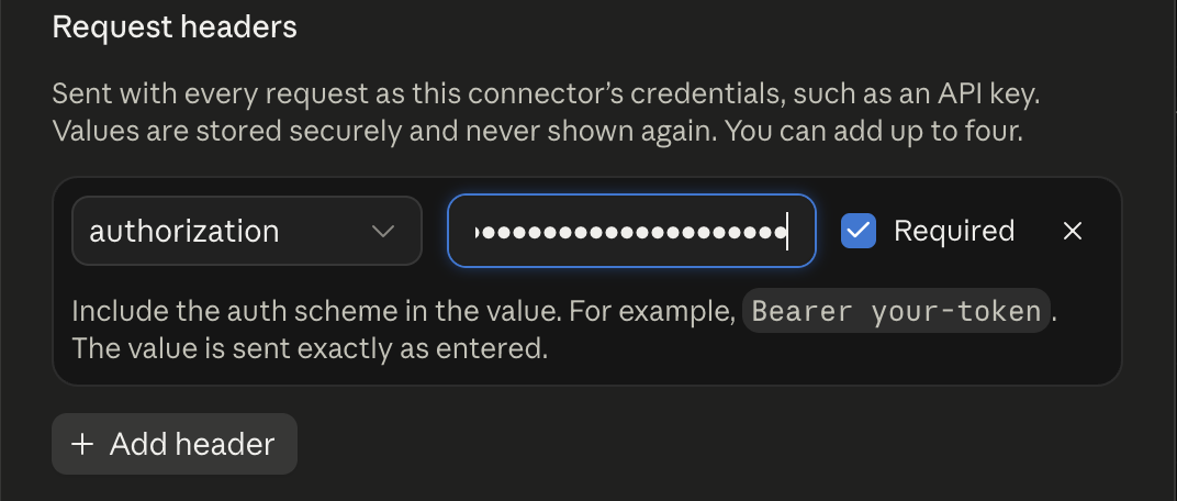 Request headers row with authorization as the name and the value hidden