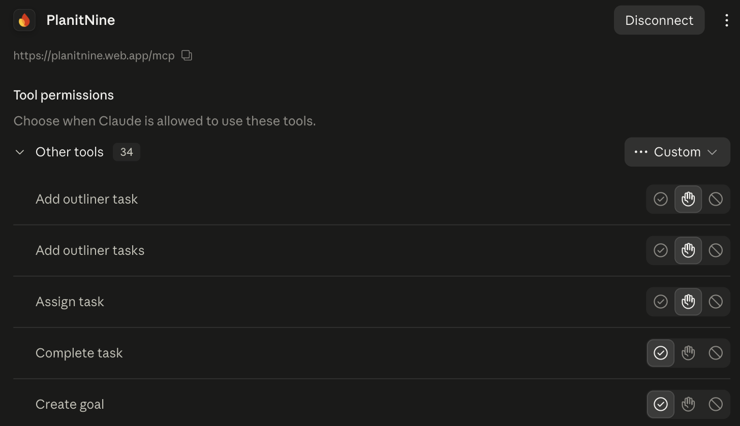 Tool permissions list for the PlanItNine connector with allow, ask and block buttons per tool