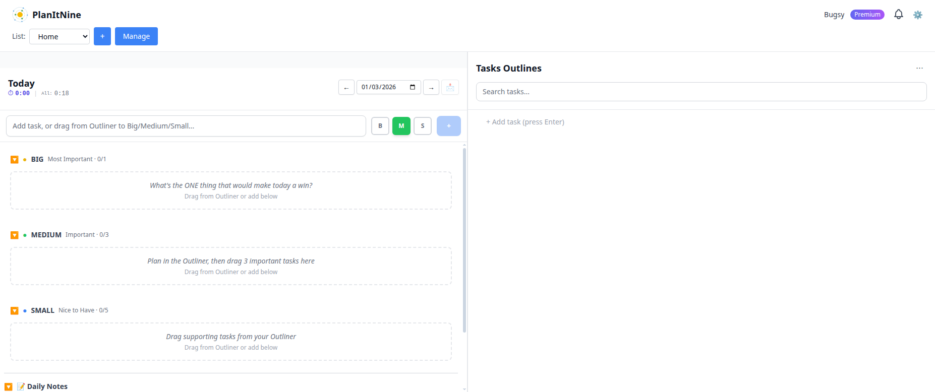 Empty PlanItNine board showing 1-3-5 structure