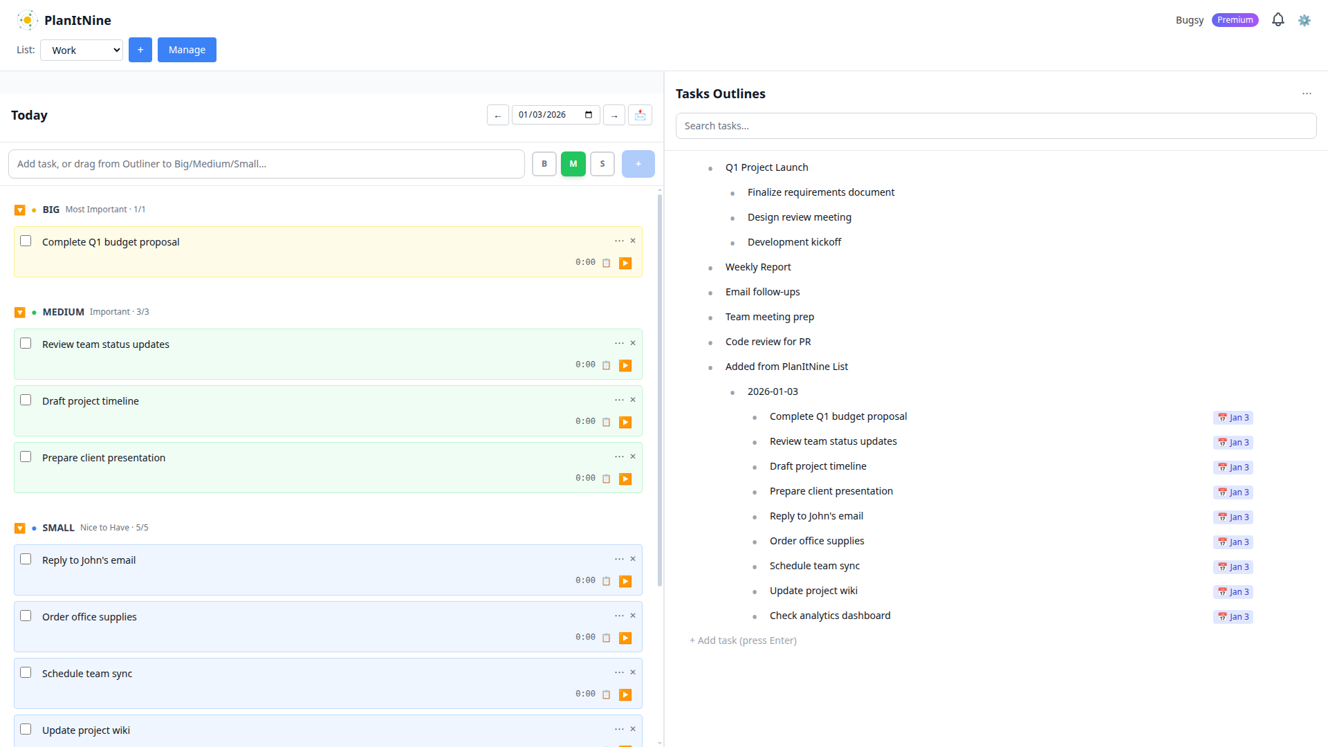 PlanItNine daily board showing 1 Big, 3 Medium, and 5 Small tasks