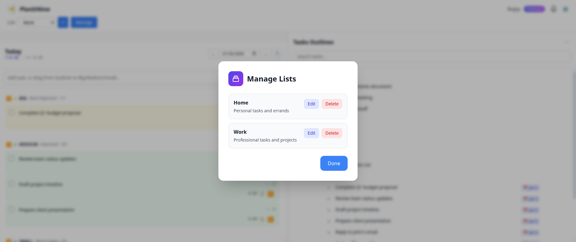 Managing lists in PlanItNine