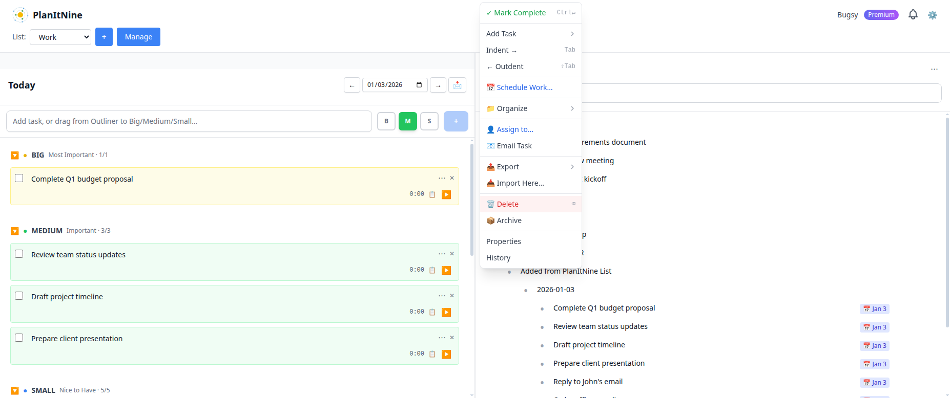 Outliner task menu showing options